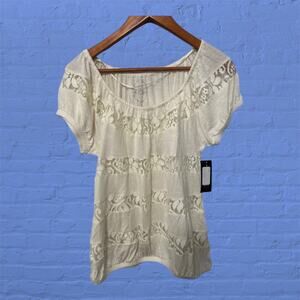 INC Ivory Cream Short Sleeve Sheer Lace Round Neck Elastic Hem Blouse Size Small